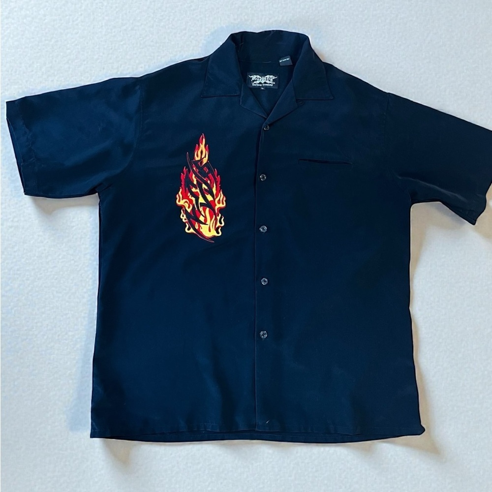 Goth grunge dragonfly tattoo flash Men's Black Flame Embroidered Shirt-L